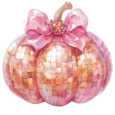 a painting of a pink and gold pumpkin with a bow on it's head