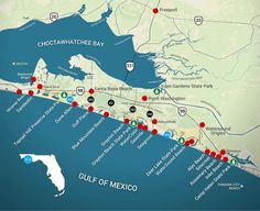 a map showing the route to gulf of mexico and its major cities, along with other destinations