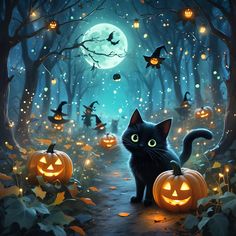 a black cat sitting in the middle of a forest with pumpkins and jack - o'- lanterns