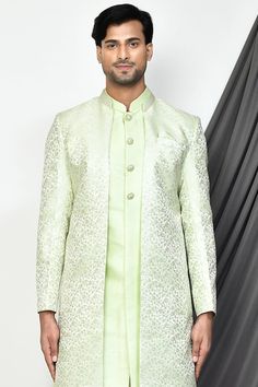 Sea green jacquard sherwani with floral woven patterns. Comes with plain sleeveless kurta and cream patiala pant. - Aza Fashions Elegant Pista Green Sherwani For Eid, Formal Pista Green Sets With Traditional Drape, Elegant Pista Green Bandhgala For Diwali, Formal Green Traditional Wear With Chikankari Embroidery, Formal Pista Green Nehru Jacket For Festive Occasions, Formal Green Sets With Chikankari Embroidery, Elegant Pista Green Bandhgala For Eid, Traditional Green Nehru Jacket For Reception, Green Bandhgala With Zari Work For Reception