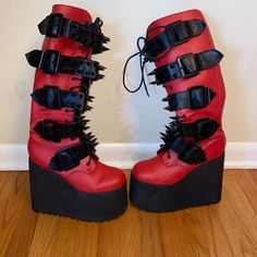 Widow Appetite For Destruction Platform Boots Cuz You're Burning It All Down To The Ground Babe! Go Off In These Wicked Platform Boots That Have Spiked Adjustable Buckles All Over, Embossed Logos On The Soles, N' Side Zip Closures. Please Note These Were Worn Once For A Photo Shoot And Have Been In Storage Since. These Have Some Dust And Minor Scuffs From Storage As Seen In Photos. These Are Sold As Is So See Photos And Ask Questions If You Have Any Red Synthetic Lace-up Boots, Red Punk Platform Boots, Red Punk Platform Boots With Round Toe, Edgy Red Platform Boots With Round Toe, Red High-top Synthetic Boots, Red High-top Leather Platform Boots, Red Leather High-top Platform Boots, Edgy Red Leather Boots, Dolls Kill Shoes