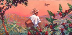 a painting of a man with a straw hat picking berries from a tree in the mountains