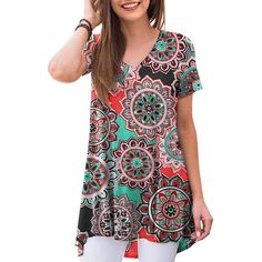 This short casual tunic top for women features a stylish V-neck design. The soft and lightweight fabric will make you feel fresh this summer. Embracing the floral trend, it emerges as one of the most popular styles in 2024.The short sleeves make it both dressy and casualyou can wear it for a date night or as a casual summer short-sleeve t-shirt. With its loose-fit style and stretchy soft material, this women's short sleeve summer top is the perfect match for your laid-back and easygoing summer o Summer Chiffon Blouse, Flowy Shirts, Tunic Tops For Leggings, Belly Shirts, Chiffon Tops Blouses, Short Sleeve Tunic Tops, Flowy Shirt, Tunic Tops Casual, Pleated Tops