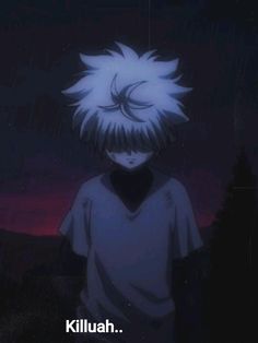 an anime character standing in the rain at night with his head turned to the side