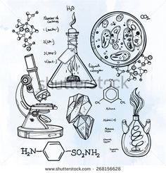 hand drawn science doodles with microscope and flasks