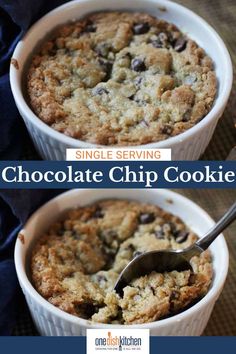 two white bowls filled with chocolate chip cookies and one has a spoon in the bowl