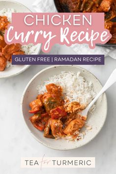 two bowls filled with chicken curry and rice on top of a white countertop next to a