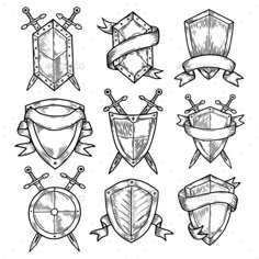 hand drawn shields and banners - decorative objects