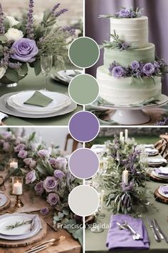 the table is set with purple flowers and greenery