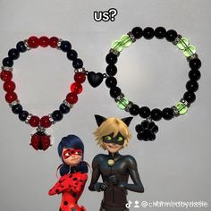 two bracelets with ladybug and catwoman charms