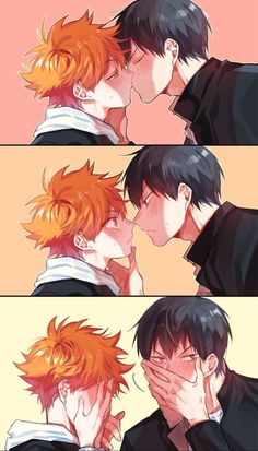 two anime characters kissing each other with orange hair