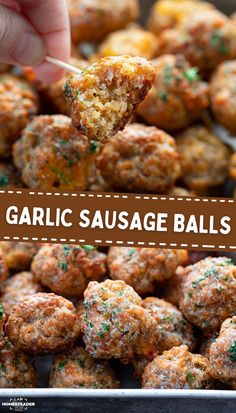 garlic sausage balls on a stick being dipped with a toothpick