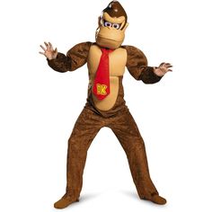 a man dressed as a monkey wearing a red neck tie and holding his hands out