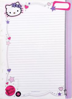 a notepad with hello kitty on the side and stars around it, in pink