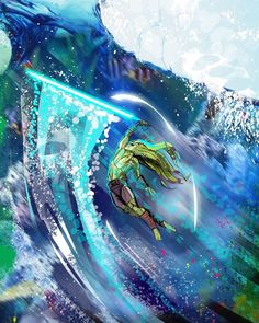 a man riding a wave on top of a surfboard under a blue and green sky