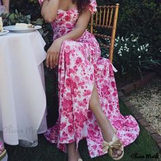 Olivia Mark - Floral Print Bubble Sleeve Waist Cinched Split Strap Dress Romantic Classic, Floral Bridesmaid Dresses, Floor Length Skirt, Bubble Sleeve, Full Length Dress, Sleeves Clothing, Strap Dress, Types Of Skirts, Flowing Maxi Dress