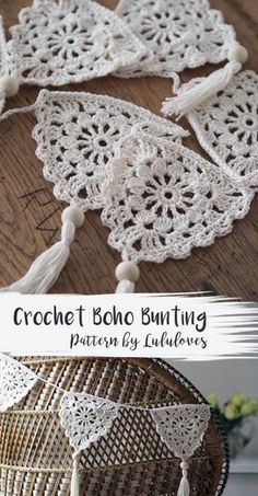 crochet boho bunting pattern is shown with text overlay reading ` ` ` ` ` ` ` ` ` ` `