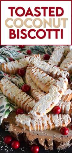 toasted coconut biscotti with cranberries on a plate