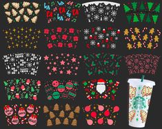 various christmas decorations and stickers on a black background