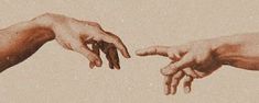 two hands reaching out towards each other in front of a white background with the creation of man's hand