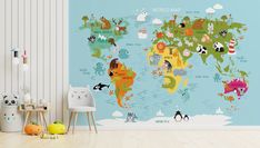 a children's room with a wall mural depicting animals on the map of the world