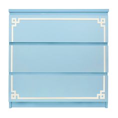 a blue book shelf with white trim and greek designs on the top, against a white background