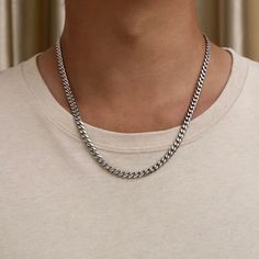 6mm Silver Cuban Link Chain Model is wearing a 20" Chain. Looks great with a round pendant on a 22" chain as can be seen in the photos! Unisex simple silver chain.  Available in Lengths:  14", 35.66cm (VERY SMALL) 16", 40.64cm 18", 45.72cm - Great for layering with a pendant! 20", 50.8cm - Recommended! 22", 55.88cm 24", 60.96cm 26", 66.04cm Premium Quality Silver Finish. Made with Stainless Steel, this chain will not tarnish, irritate your skin or leave green marks. - Hypoallergenic  - Safe to w Male Chains Necklaces For Men, Cuban Link Choker, Male Necklace, Silver Cuban Chain, Etsy Jewellery, Mens Chain, Rings Ideas, Silver Chain For Men, Necklace Mens