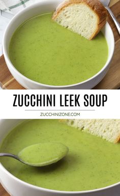 two pictures showing the same soup in different bowls with spoons and bread on top