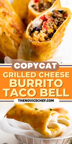 a plate with some taco bellos on it and the title reads copycat grilled cheese burrito taco bello