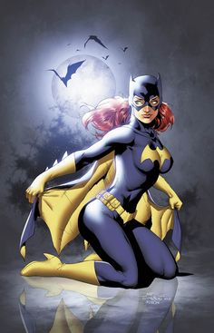 a woman dressed as batgirl sitting on the ground in front of a full moon