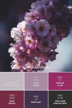 the color scheme for silk flowers is shown in shades of pink, purple and grey