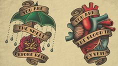 two heart tattoos with the words, you are the smell before rain and an umbrella