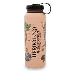 a pink water bottle with an image of flowers and leaves on the front, sitting against a white background