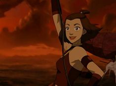 a woman holding a bow and arrow in front of a red sky with clouds behind her