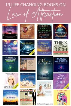 the top ten books on law of attraction with text overlaying them in pink