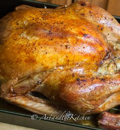 a roasted turkey sitting in a roasting pan