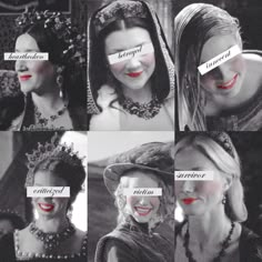 four different images of women with red lipstick and fake eyebrows, one has the word'evil queen'taped to her face