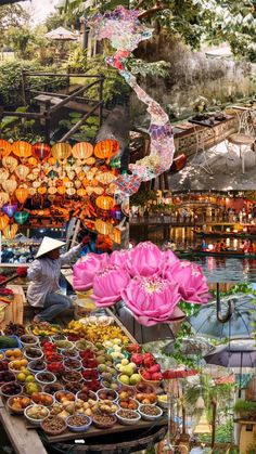 a collage of pictures with flowers, food and people in the background at an outdoor market