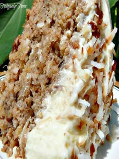 a close up of a piece of cake on a plate with leaves in the background