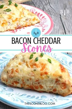 bacon cheddar scones on a blue and white plate with text overlay