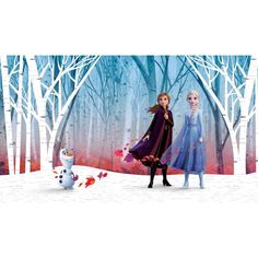 two frozen princesses standing in the snow next to each other with trees and birds around them