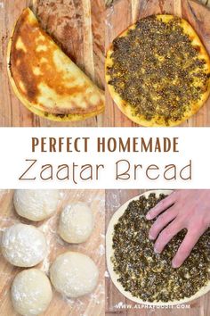 homemade zaata bread recipe with hands and ingredients on the table, including pita bread