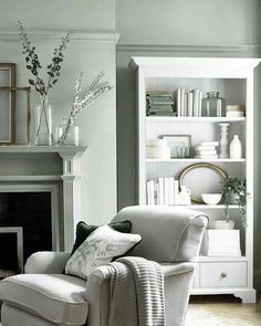 a living room filled with furniture and a fire place in front of a book shelf