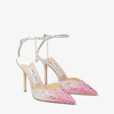 Candy Pink Dégradé Satin Pumps with Crystal Embellishment | SAEDA 100 | Summer 2022 collection | JIMMY CHOO Flower Shoes, Ankle Chain, Bridesmaid Shoes, Peep Toe Shoes, Satin Pumps, Candy Pink, Shoe Clips, Handmade Shoes