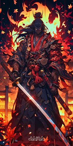 an anime character holding two swords in front of a fire filled sky with stars on it