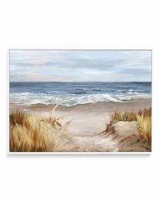 a painting of the beach with sand dunes and waves coming in from the ocean canvas print