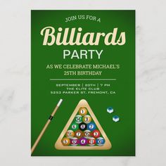 a birthday party with billiards and pool balls on the green background, it's time to celebrate