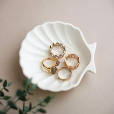 three gold rings sitting on top of a white plate