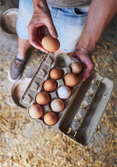 a man holding a carton of eggs in his hands