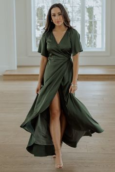 Vara Satin Maxi Wrap Dress | Juniper Green Forest Green Bridesmaid Dresses Winter, Green Mother Of The Groom Dresses, Mother Of The Bride Dresses Green, Graduation Dresses With Sleeves, Green Bridesmaid Dresses With Sleeves, 34c Size, Mehendi Night, Winter Green, Satin Wrap Dress